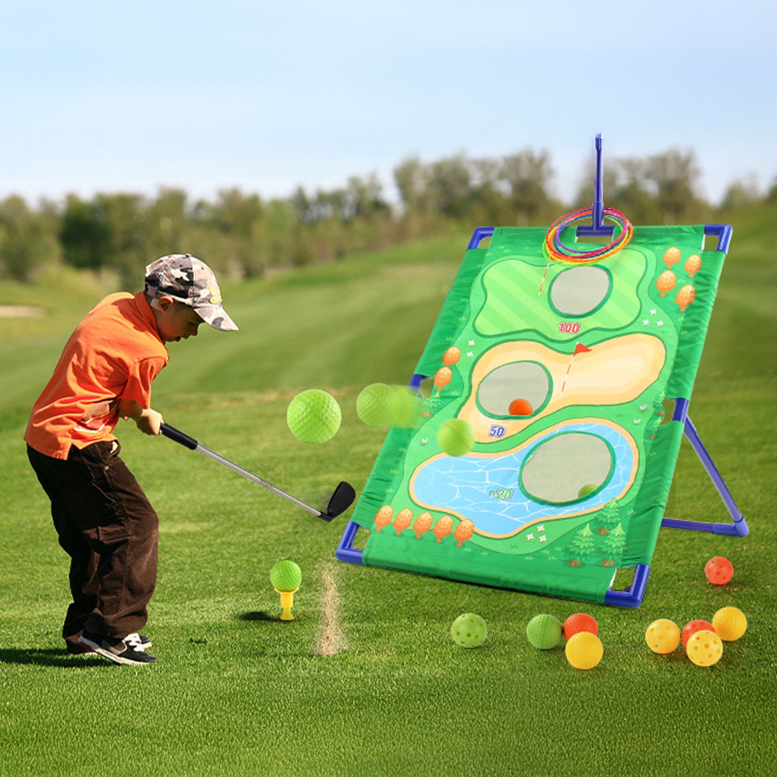 Golf Skill Training Set with Stand and Target Rings